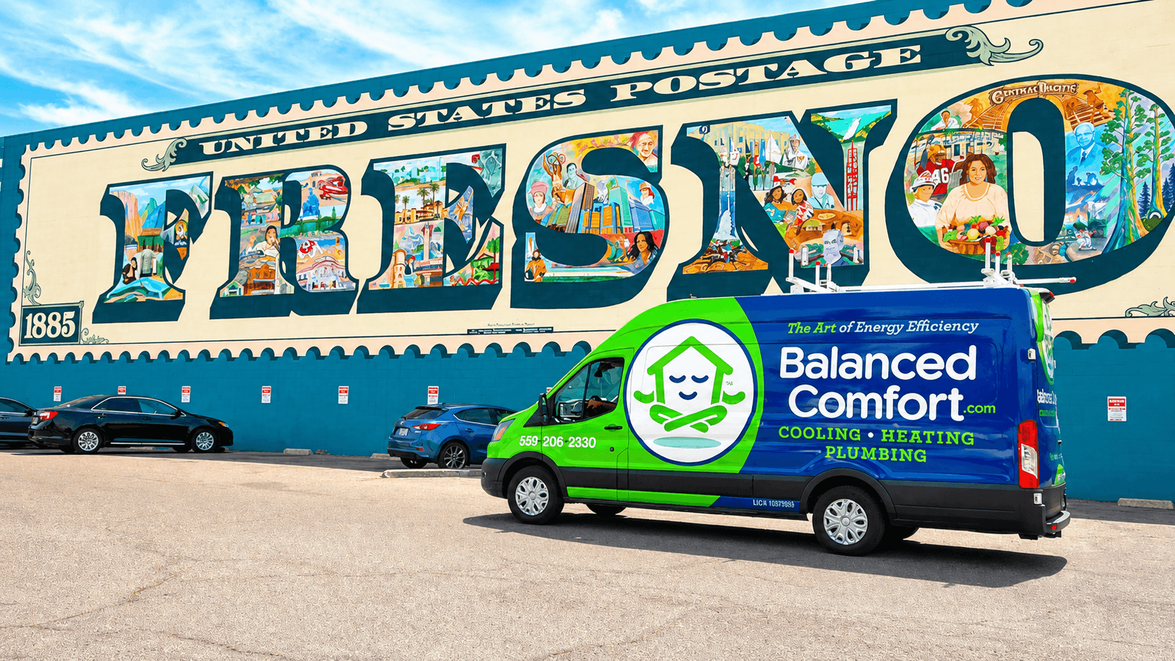 Balanced Comfort service truck in front of the Fresno sign — your local HVAC & plumbing team