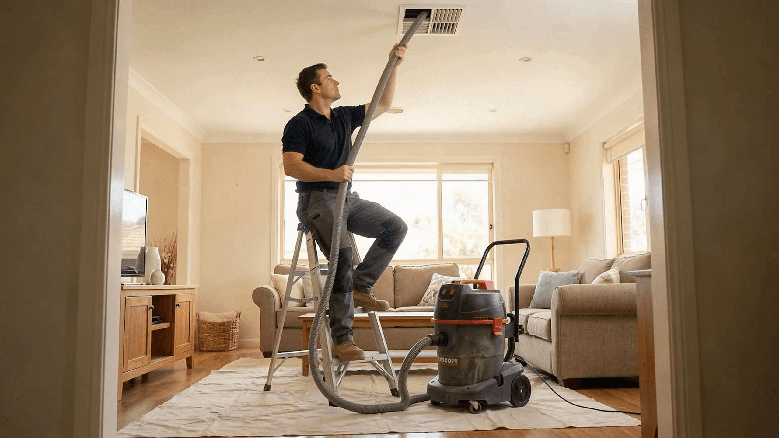 Balanced Comfort technician cleaning a home's air ducts