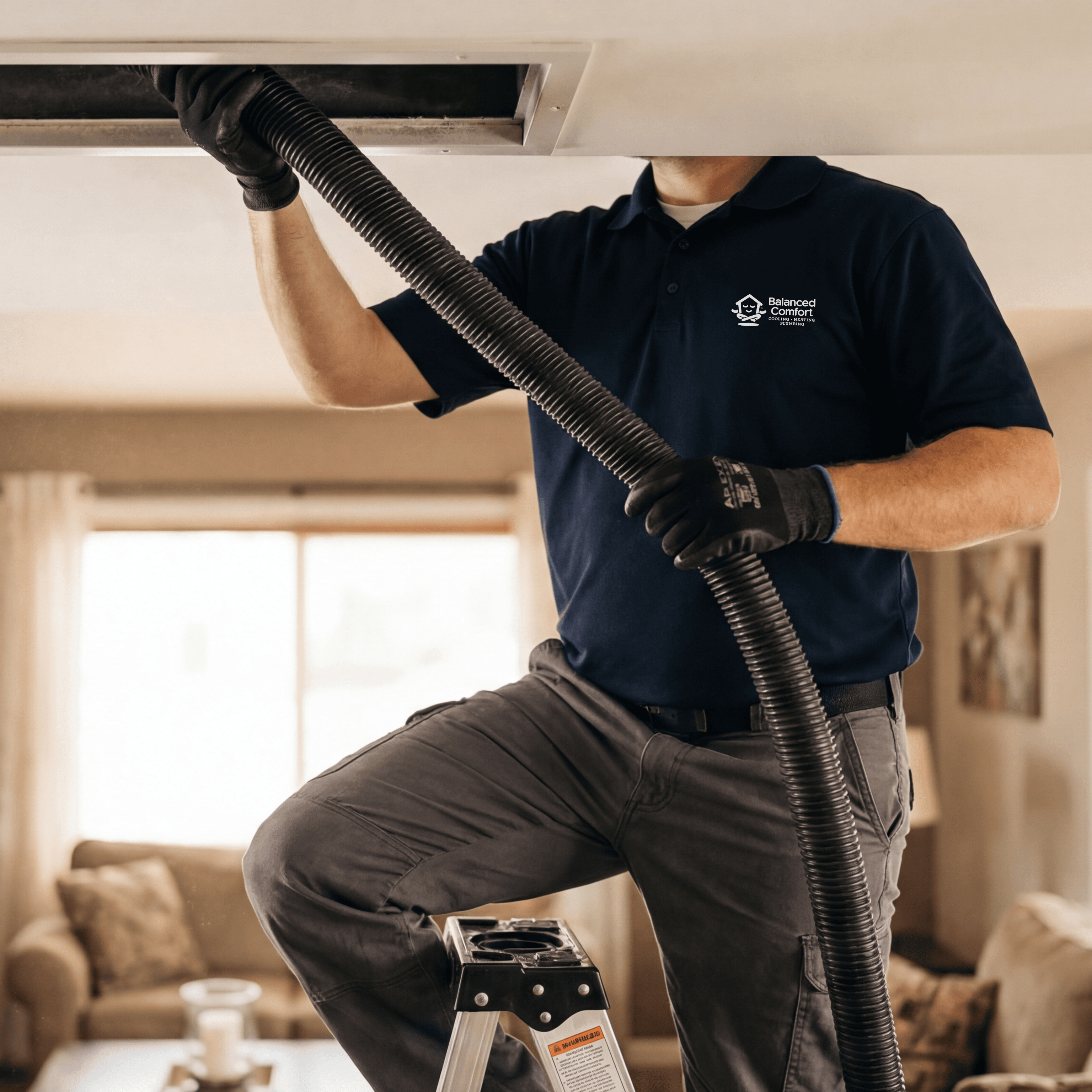 Balanced Comfort technician cleaning air ducts in a home