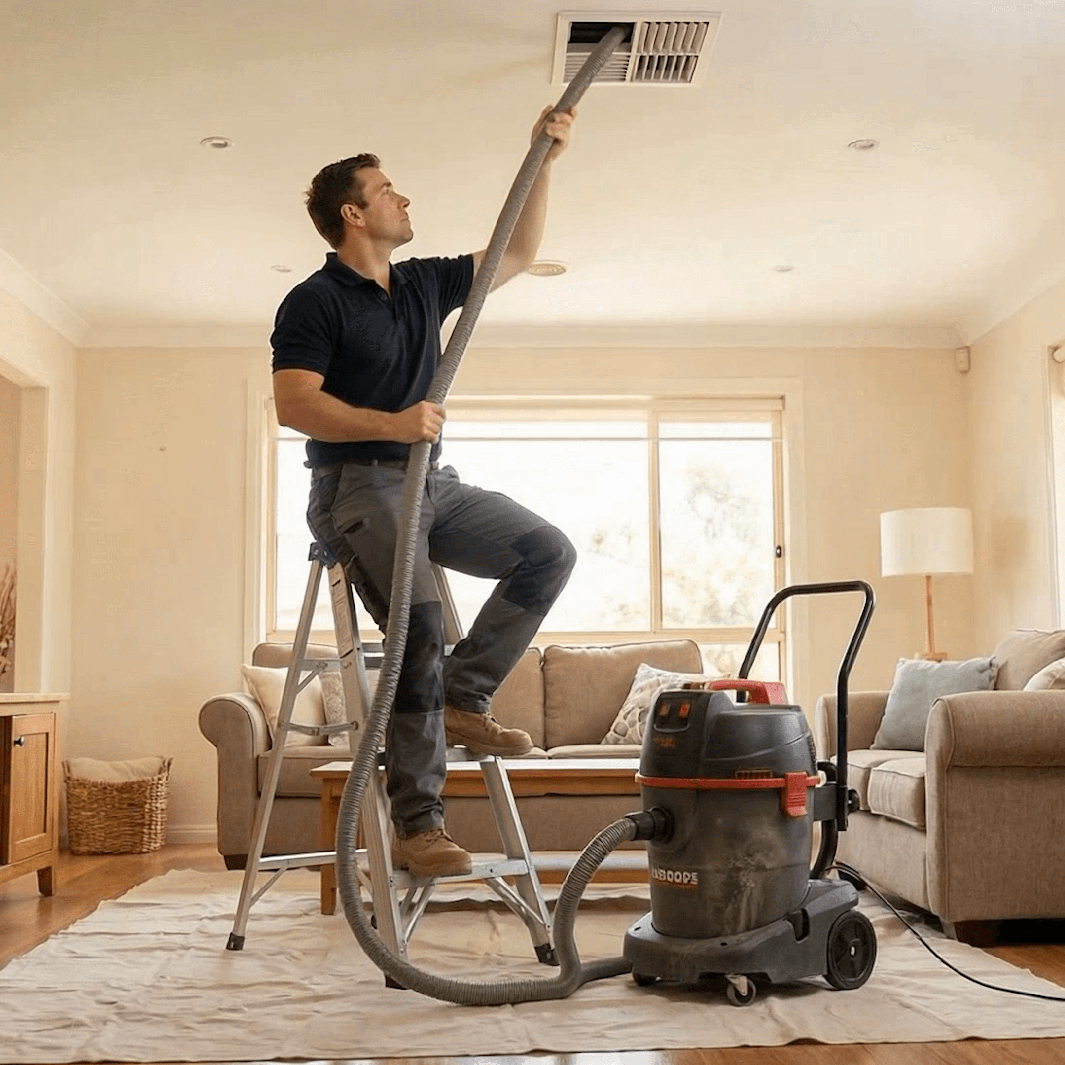 Balanced Comfort technician cleaning a dryer vent and air ducts