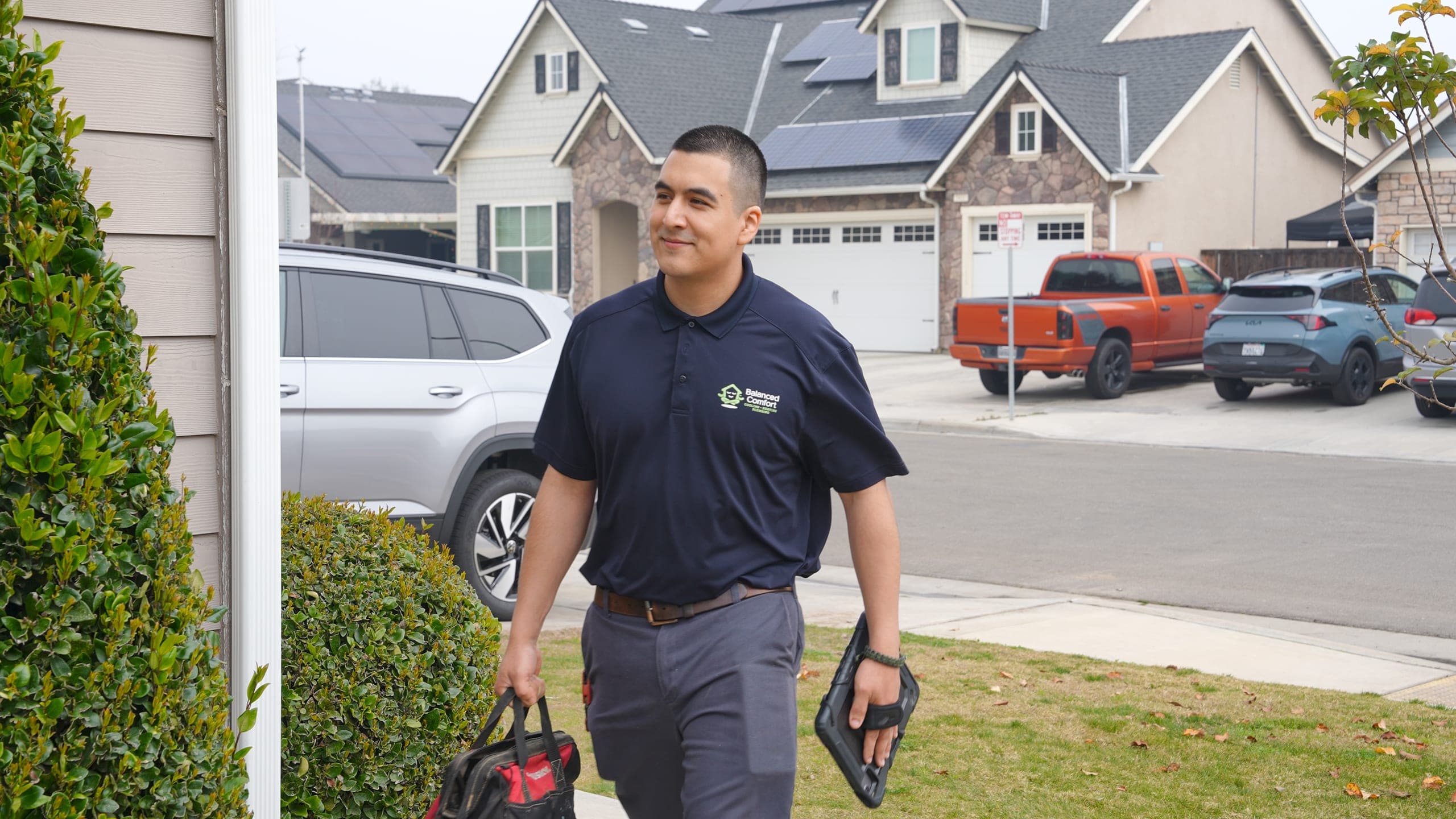 Balanced Comfort technician arriving at a Chowchilla home