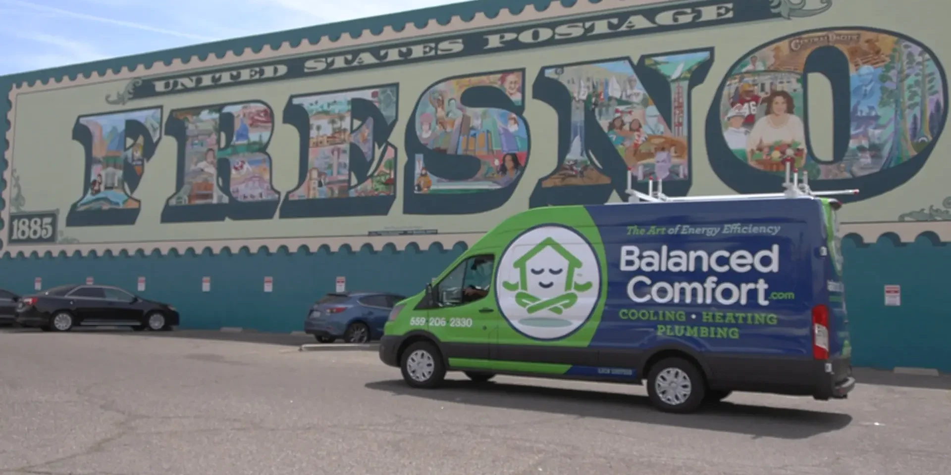Balanced Comfort Van in Fresno near the mural. Contact Us Today.