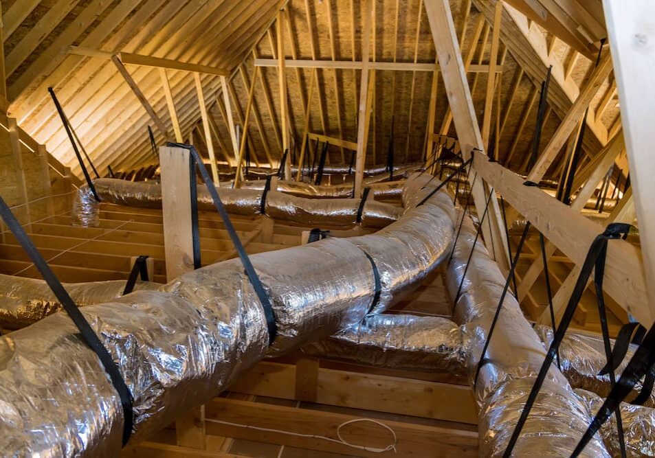 In a newly built home under construction, ventilation pipes are found in the silver insulation material on the ceiling of the attic An expansive attic with wooden beams and reflective silver air ducts (properly sized for residential projects) secured by black straps ensures efficient airflow